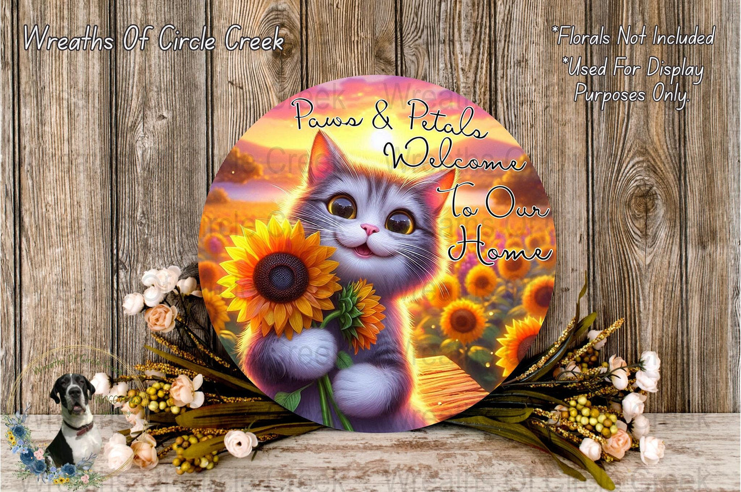 Colorful Cat and Sunflower Welcome Sign, Decorative Front Door Decor, Customizable Pet Art