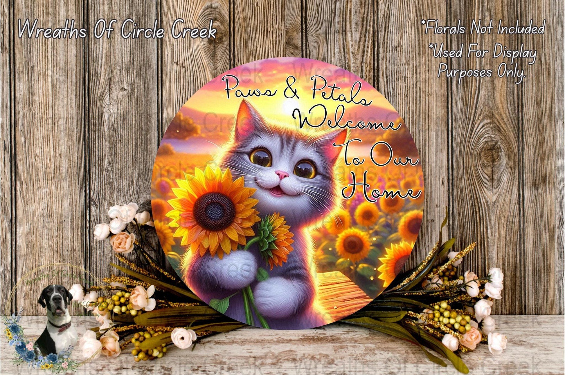 Colorful Cat and Sunflower Welcome Sign, Decorative Front Door Decor, Customizable Pet Art