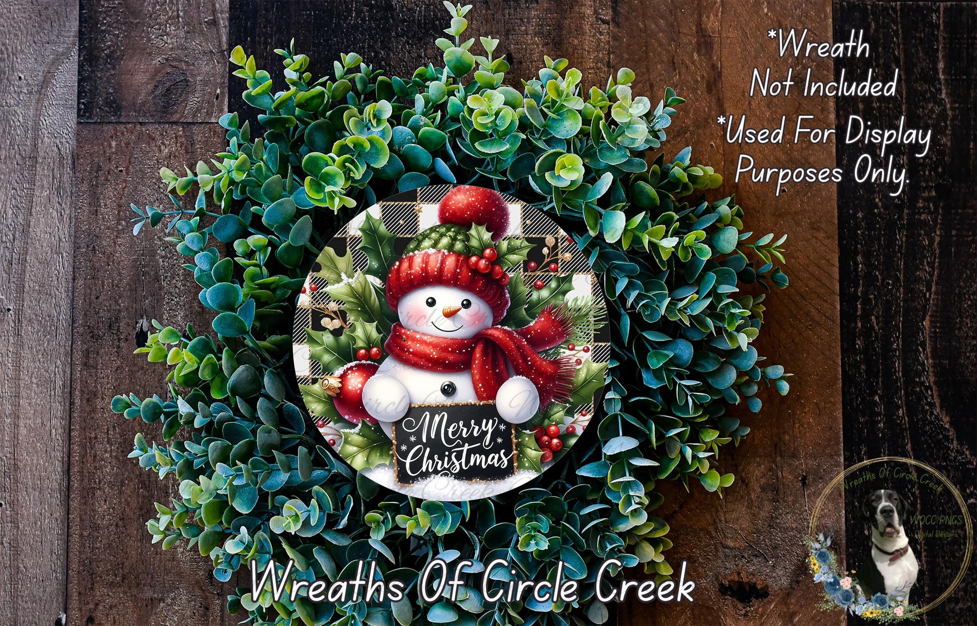 A wreath made of evergreen branches and a snowman, with the text "Merry Christmas" and "Wreaths of Circle Creek" displayed.