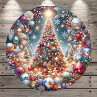 Merry Christmas, Sparkling Christmas Tree, Round, Light Weight, Metal, Wreath Sign, No Holes In Sign