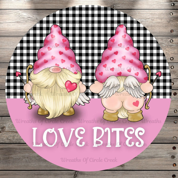 Cupid Gnomes, Love Bites, Happy Valentine, Pink, Black and White Plaid, Round Metal Wreath Sign, No Holes