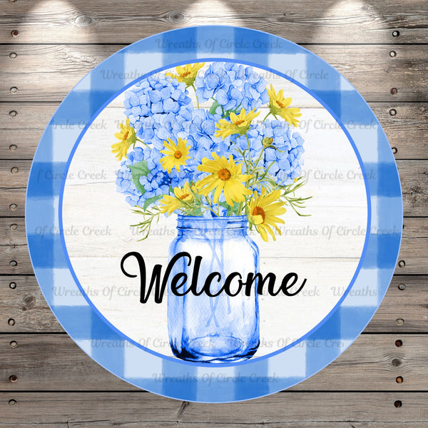 Blue Hydrangeas, Spring and Summer, Florals, Plaid, Farmhouse, Round, Light Weight, Metal Wreath Sign, No Holes, UV Coated