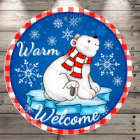 Polar Bear, Warm Welcome, Snowflakes, Blue, White, Red, Plaid Border, Round Metal, Wreath Sign, No Holes