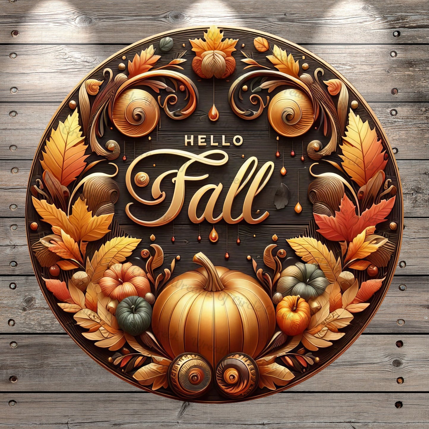 Hello Fall, Gold, Bronze, Brown, Fall Foliage, Faux 3D, Round, Light Weight, Metal Wreath Sign, No Holes In Sign