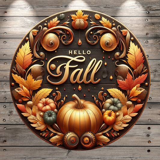 Hello Fall, Gold, Bronze, Brown, Fall Foliage, Faux 3D, Round, Light Weight, Metal Wreath Sign, No Holes In Sign