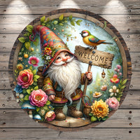 Garden Gnome, Welcome, Vibrant Colors, Florals, Bird, Round, Light Weight, Metal Wreath Sign, No Holes In Sign