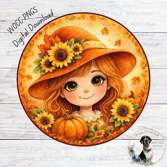 A digital illustration of a young girl with long, curly hair wearing a large orange hat, surrounded by sunflowers and a pumpkin.