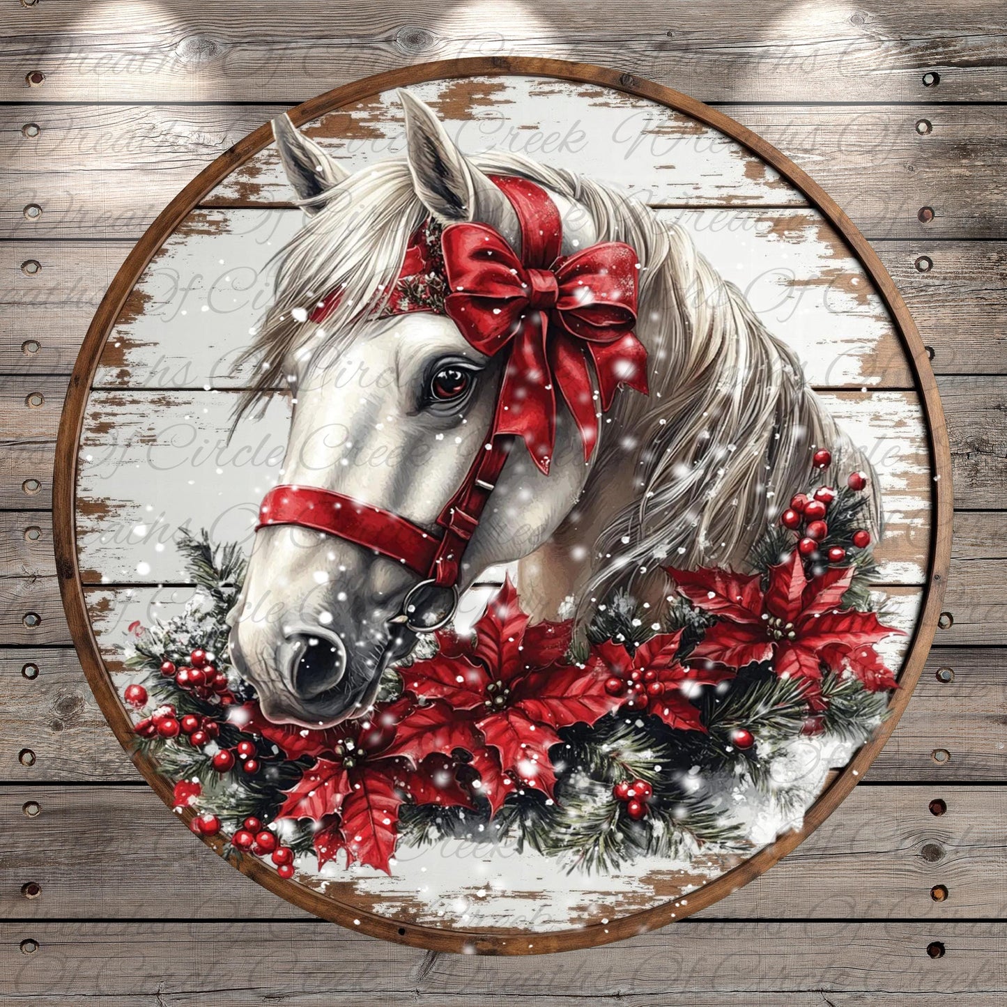 A white horse adorned with a red bow and surrounded by red poinsettia flowers and pine branches, set against a snowy background.