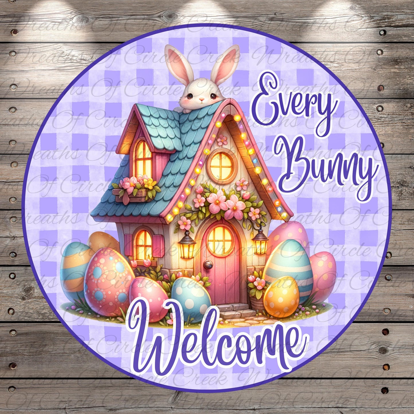 A whimsical illustration of a colorful Easter house with a bunny peeking out from the roof, surrounded by decorated Easter eggs. The text "Every Bunny Welcome" is displayed in the image.