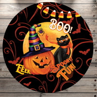 Jack-O-Lantern And Black Cat, Spooky Fun, Round UV Coated, Metal Sign, No Holes