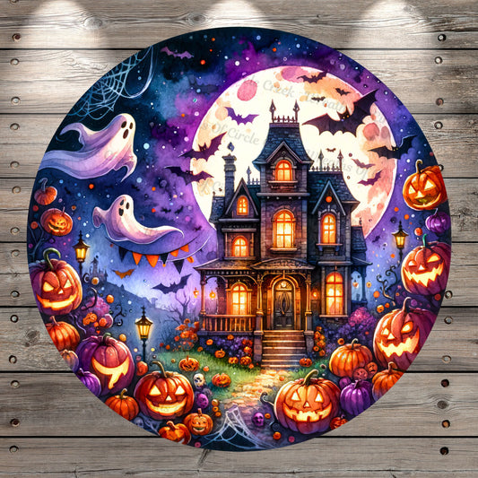 Halloween Scene, Full Moon, Ghosts, Jack O Lanterns, Bats, Round, Light Weight, Metal Wreath Sign, No Holes In Sign