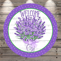 Lavender Florals, Spring, Purple, White, Polka Dots, Round, Light Weight, Metal Wreath Sign, No Holes UV Coated
