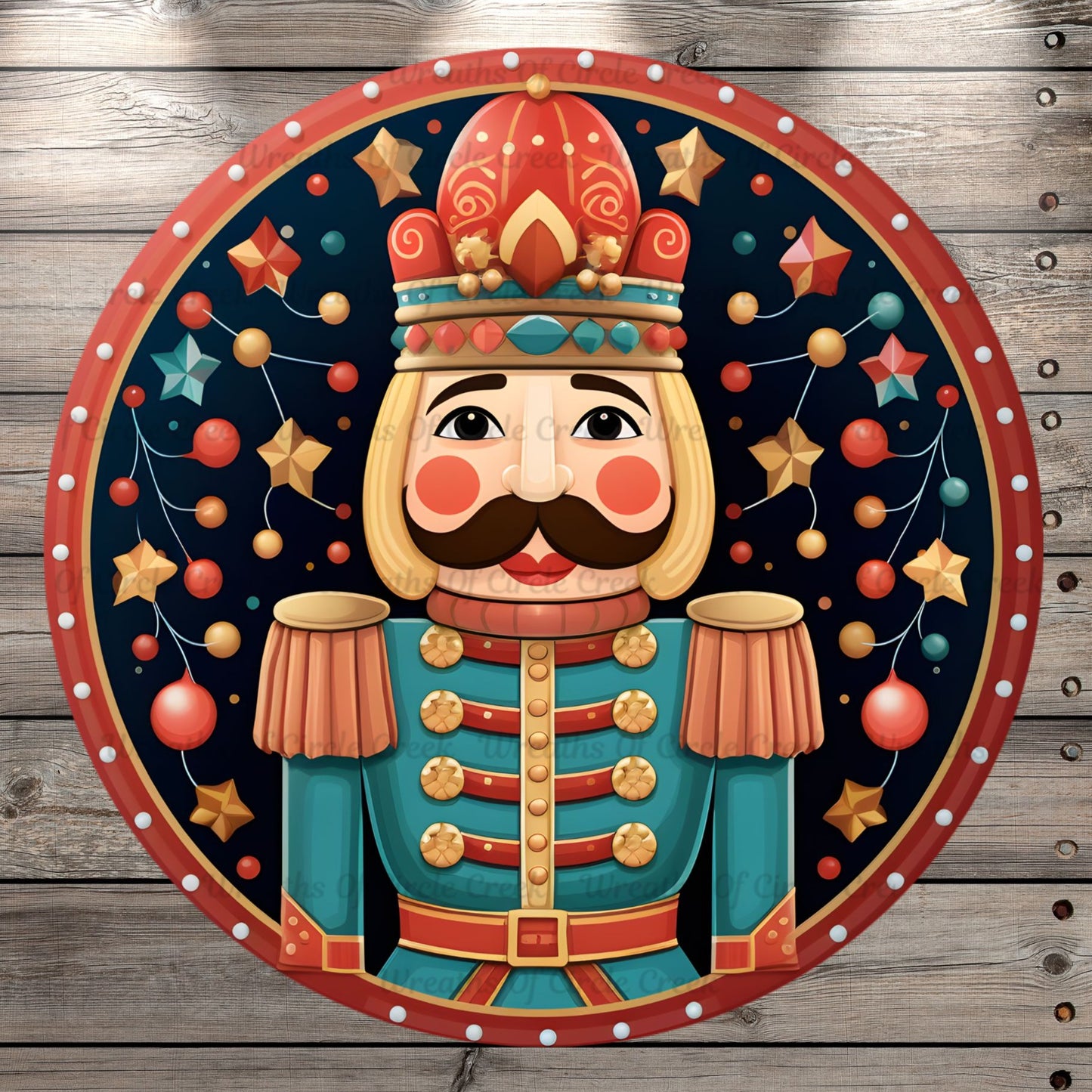 Nutcracker, Teal, Multi, Stars, Round, Light Weight, Metal Wreath Sign, No Holes