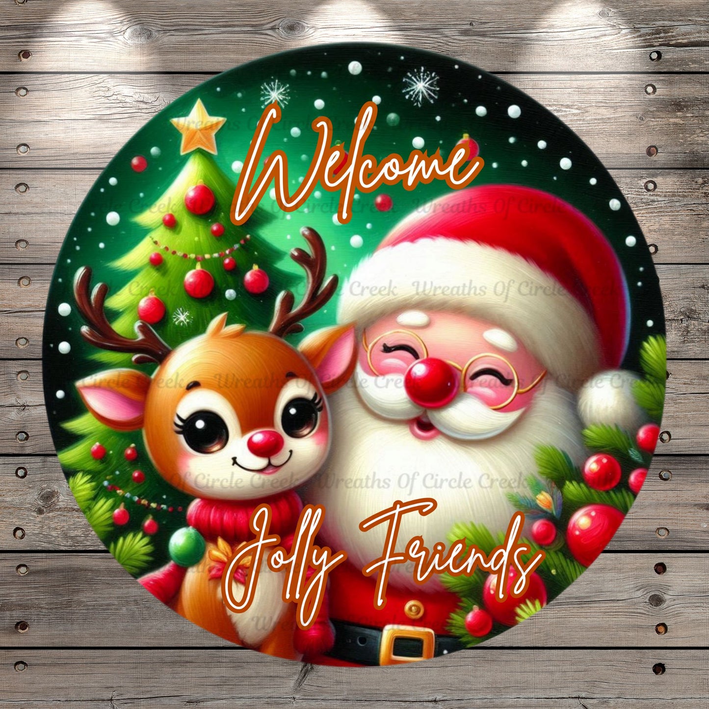 Santa With Rudolph, Red Nose Reindeer, Welcome, Jolly Friends, Round, Light Weight, Metal ,Wreath Sign, No Holes In Sign