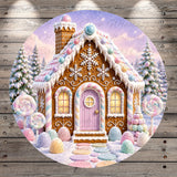 A whimsical, colorful gingerbread house with a snow-covered roof, surrounded by candy canes and other festive decorations, set against a snowy winter landscape with pine trees.