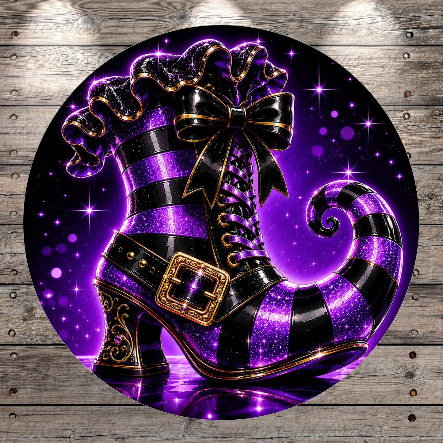 A purple and black striped witch's boot with a gold buckle, set against a starry purple background.