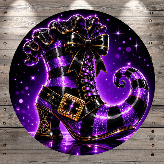 A purple and black striped witch's boot with a gold buckle, set against a starry purple background.