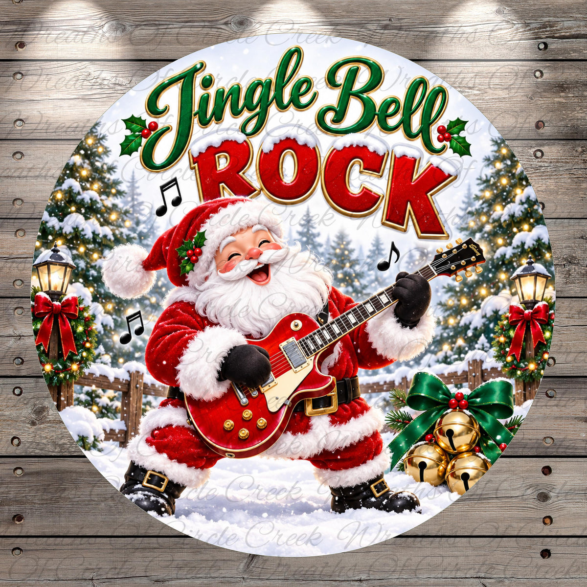 A jingling bell rock Christmas-themed image featuring Santa Claus playing a guitar and surrounded by Christmas trees, bells, and lights.