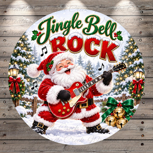 A jingling bell rock Christmas-themed image featuring Santa Claus playing a guitar and surrounded by Christmas trees, bells, and lights.