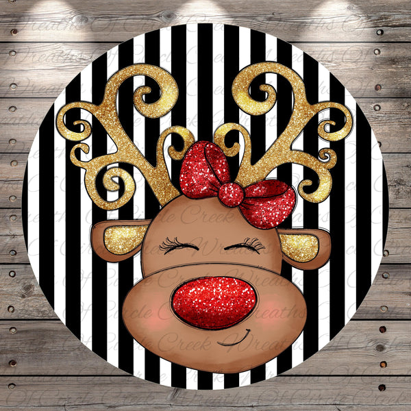 A whimsical illustration of a reindeer with a red bow on its head, set against a background of black and white stripes.