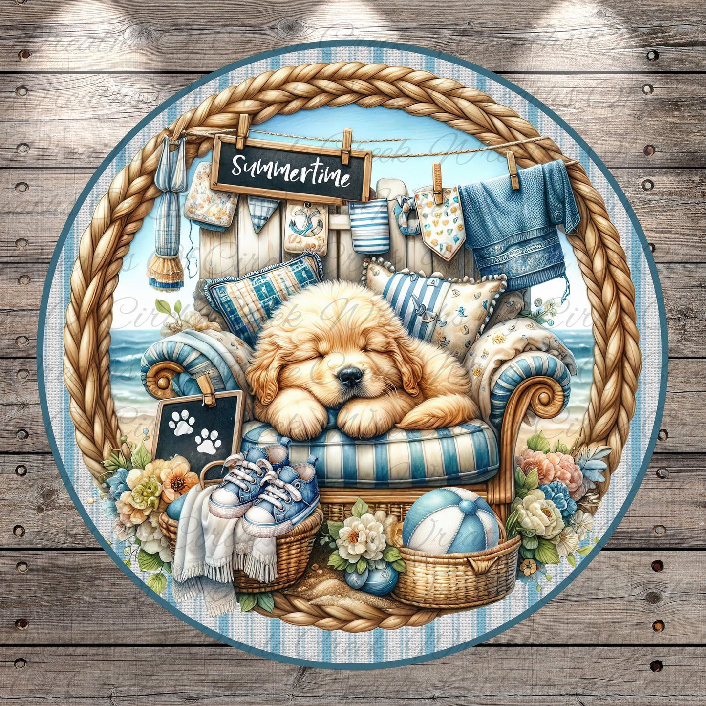 A golden retriever puppy is peacefully sleeping on a blue and white striped chair, surrounded by various summer-themed items such as a blue and white striped towel, a blue and white striped pillow, and a blue and white striped blanket.