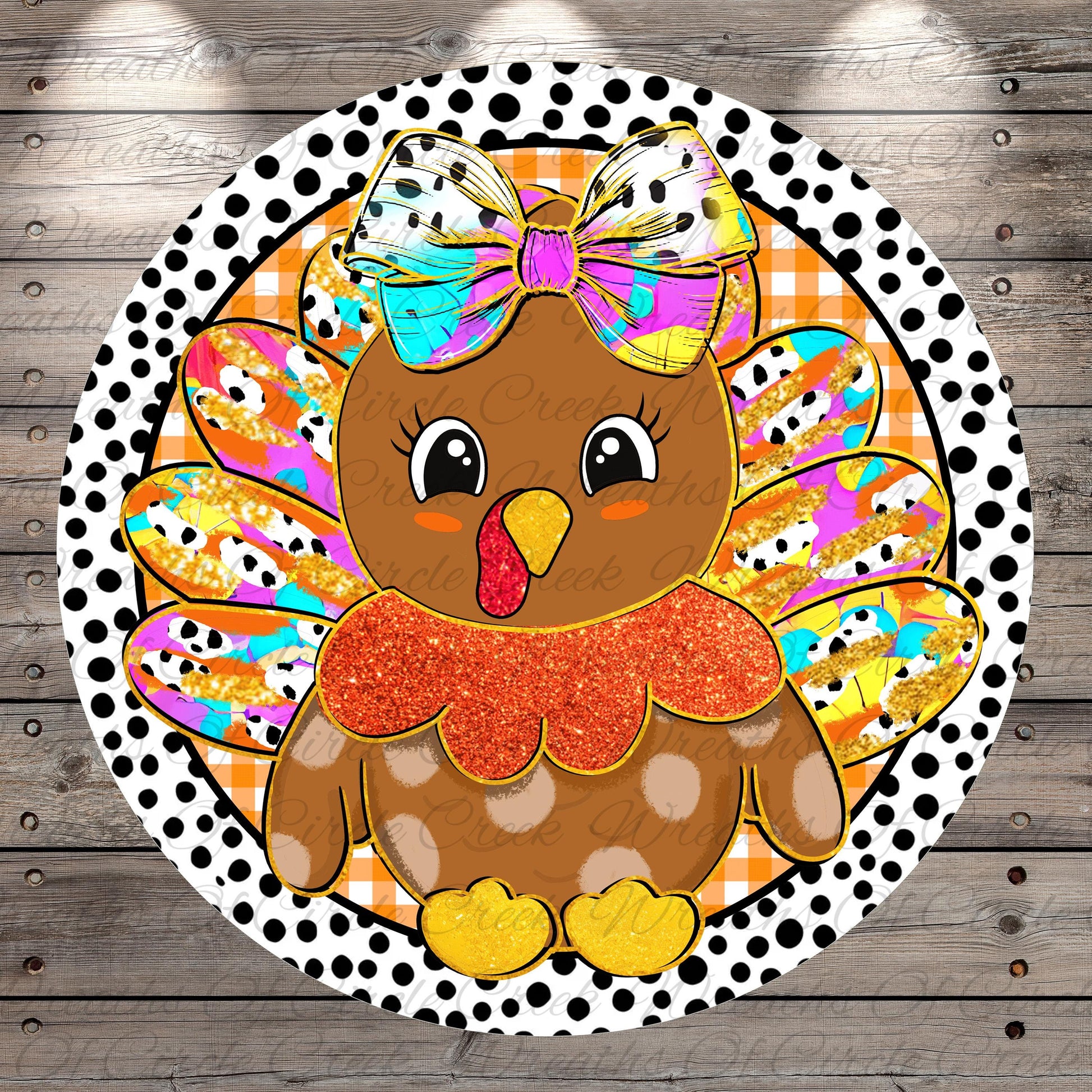 A colorful illustration of a turkey with a bow on its head, surrounded by a polka dot pattern and a wooden background.