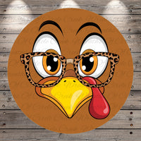 A cartoon turkey wearing glasses and a red beak, with a Thanksgiving-themed background.