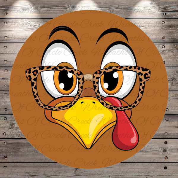 A cartoon turkey wearing glasses and a red beak, with a Thanksgiving-themed background.