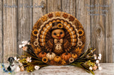 A decorative Thanksgiving wreath featuring a turkey, flowers, and autumn leaves, displayed on a wooden surface.