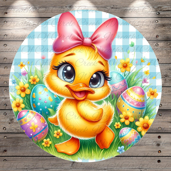 A cheerful cartoon duck with a pink bow on its head is surrounded by colorful Easter eggs, flowers, and grass in a whimsical Easter-themed illustration.
