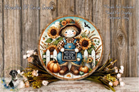 A decorative plate featuring a scarecrow figure surrounded by autumn-themed elements such as sunflowers, pumpkins, and a "Welcome to the Patch" sign.