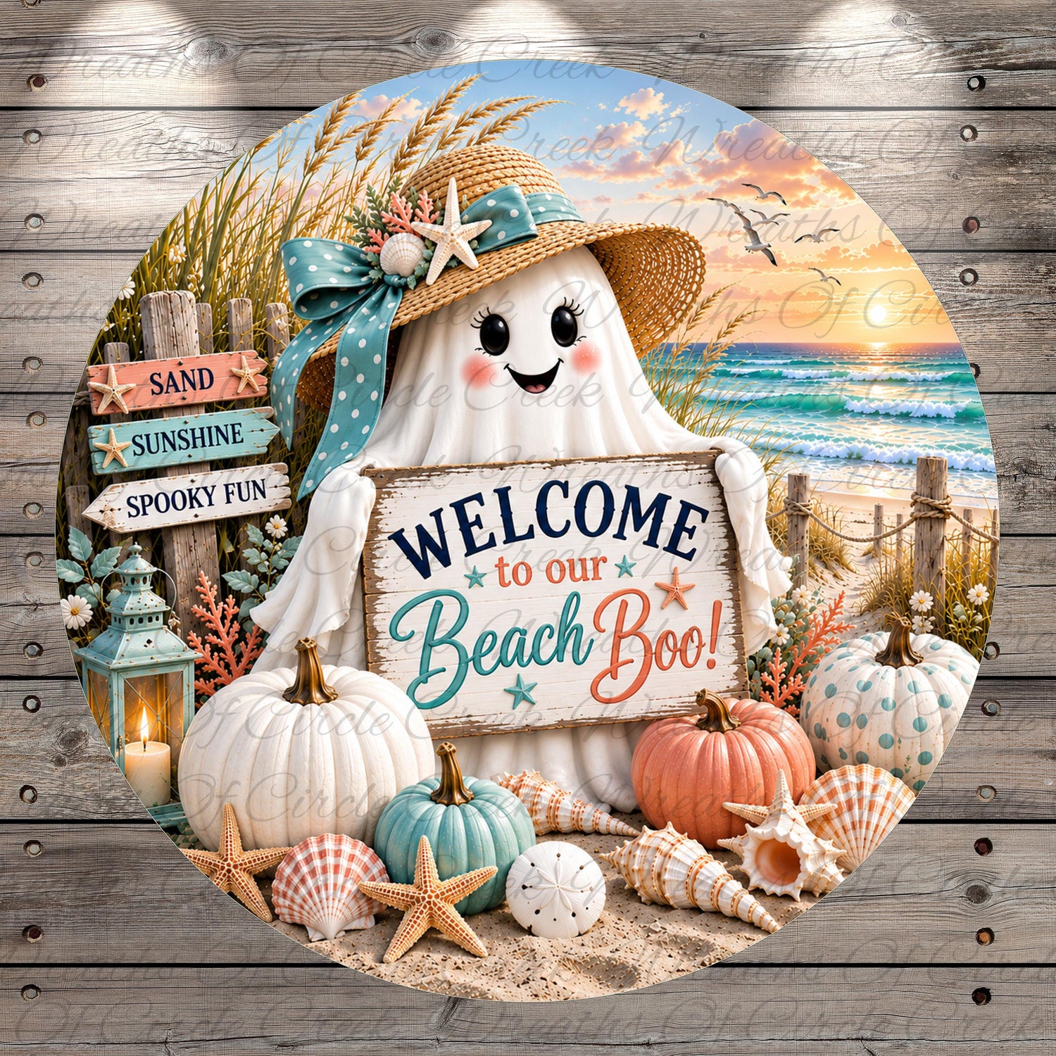 A whimsical ghost wearing a straw hat and holding a "Welcome to our Beach Boo!" sign, surrounded by beach-themed decorations such as pumpkins, seashells, and starfish, all set against a backdrop of a sunset over the ocean.