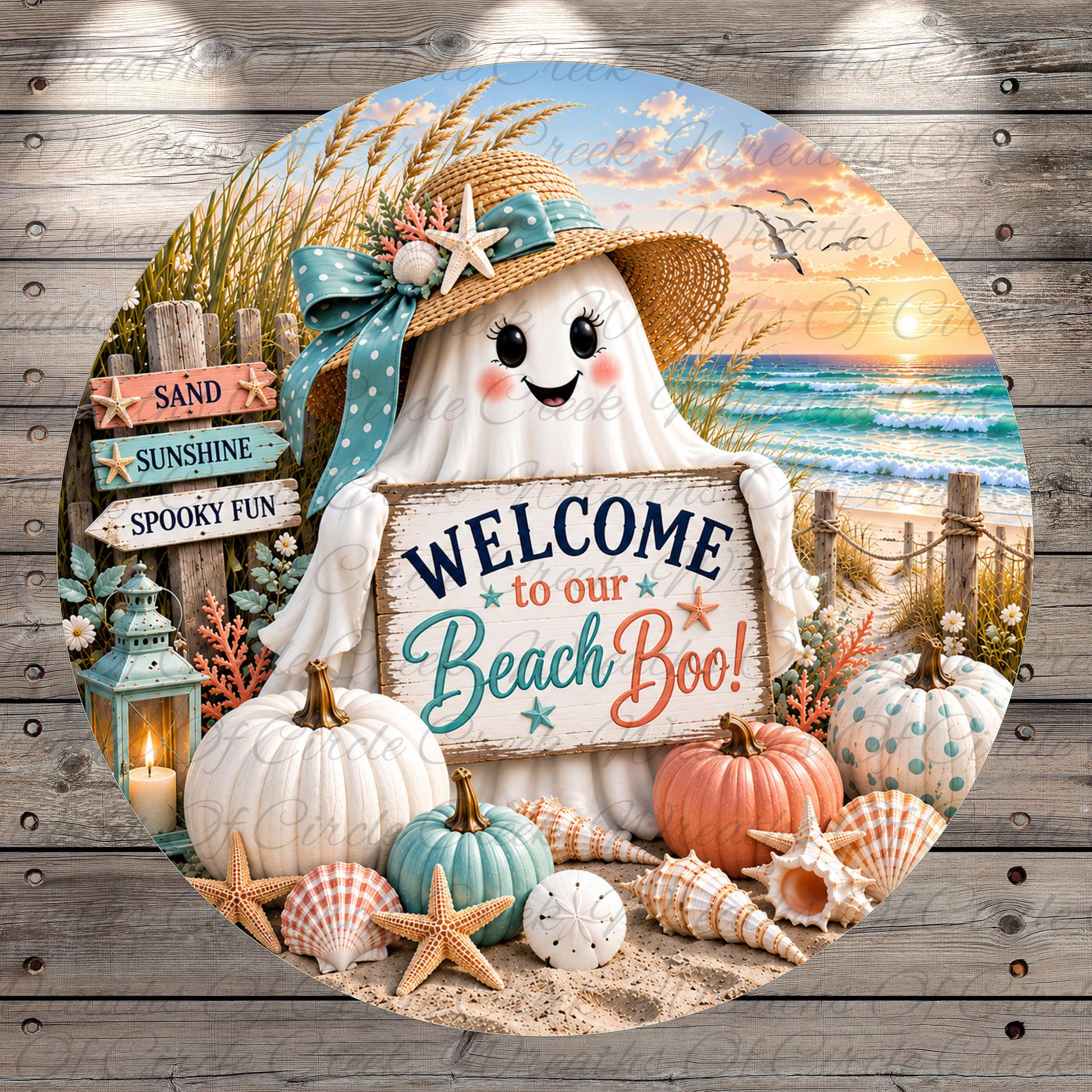 A whimsical ghost wearing a straw hat and holding a "Welcome to our Beach Boo!" sign, surrounded by beach-themed decorations such as pumpkins, seashells, and starfish, all set against a backdrop of a sunset over the ocean.