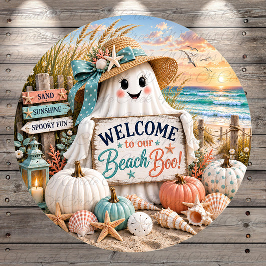 A whimsical ghost wearing a straw hat and holding a "Welcome to our Beach Boo!" sign, surrounded by beach-themed decorations such as pumpkins, seashells, and starfish, all set against a backdrop of a sunset over the ocean.