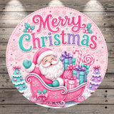 A festive Christmas-themed illustration featuring Santa Claus in a pink sleigh, surrounded by various holiday decorations such as snowflakes, berries, and presents.