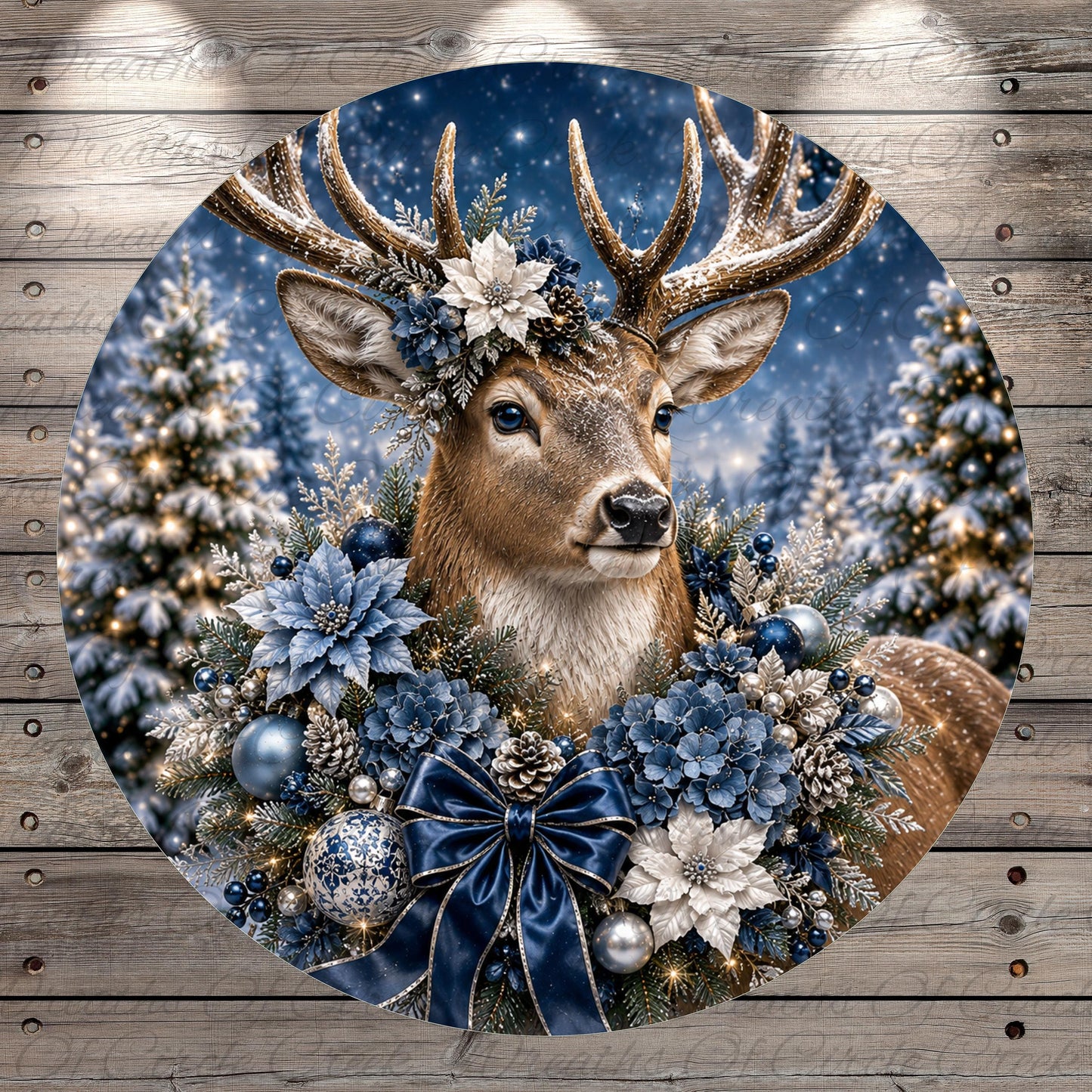 A deer adorned with a wreath of blue and white flowers stands in a snowy forest, surrounded by Christmas decorations.