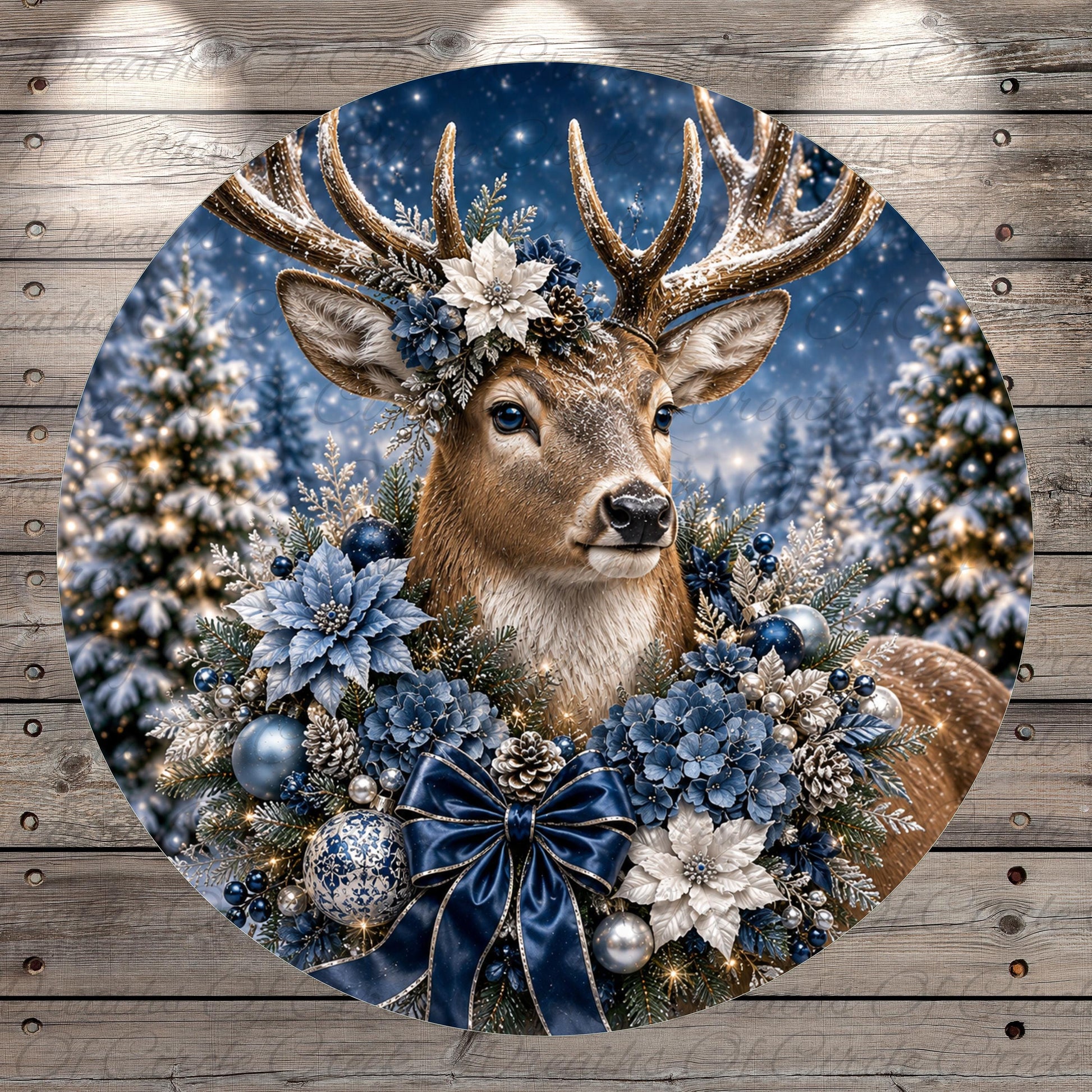 A deer adorned with a wreath of blue and white flowers stands in a snowy forest, surrounded by Christmas decorations.