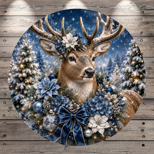 A deer adorned with a wreath of blue and white flowers stands in a snowy forest, surrounded by Christmas decorations.