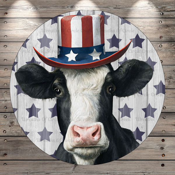 Patriotic Cow, Farmhouse, Round, Wreath Sign, Light Weight, Metal With No Holes