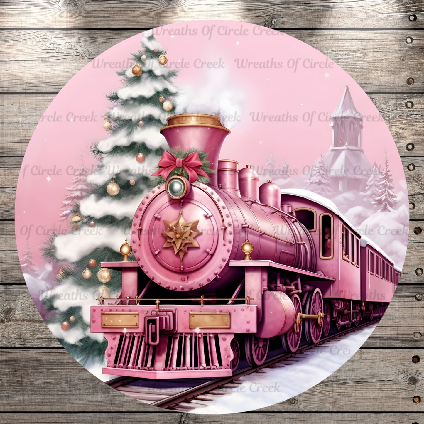 Pink Christmas Train, Steam Engine, Winter, Round, Light Weight, Metal Wreath Sign, No Holes