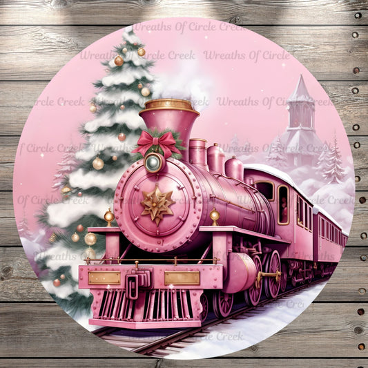 Pink Christmas Train, Steam Engine, Winter, Round, Light Weight, Metal Wreath Sign, No Holes