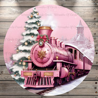 Pink Christmas Train, Steam Engine, Winter, Round, Light Weight, Metal Wreath Sign, No Holes
