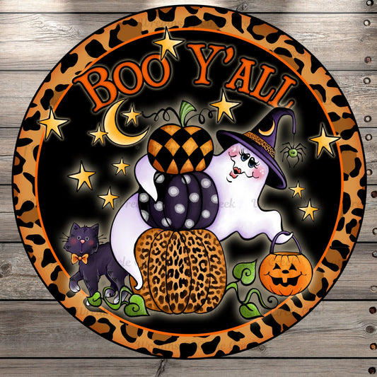 Boo Y'all Ghost, Leopard Border, Round UV Coated, Metal Sign, No Holes