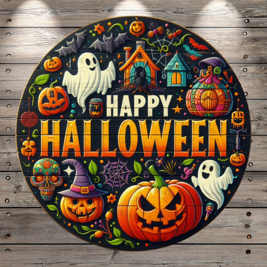 Happy Halloween, Spooky Halloween Friends, Ghosts, Bats, Witch, Faux 3D, Round, Light Weight, Metal Wreath Sign, No Holes In Sign