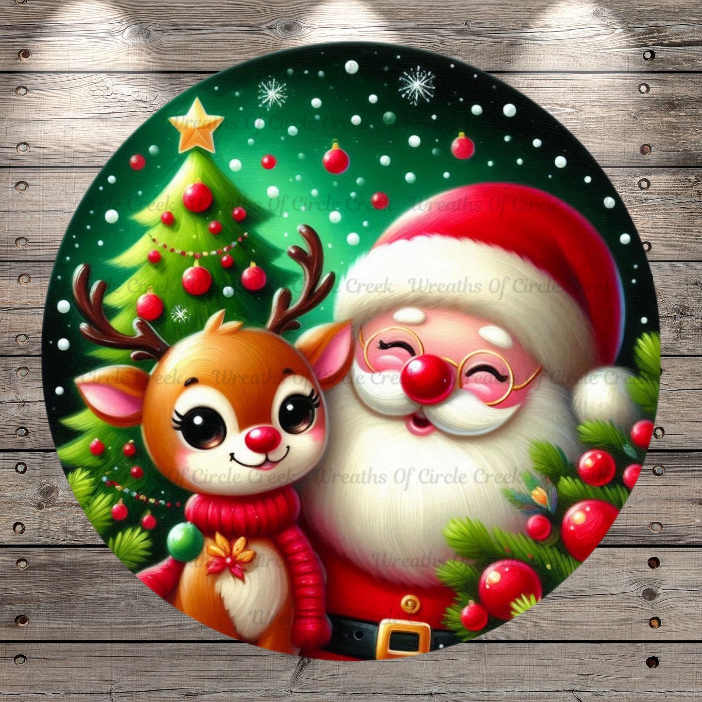 Santa With Rudolph, Red Nose Reindeer, Welcome, Jolly Friends, Round, Light Weight, Metal ,Wreath Sign, No Holes In Sign