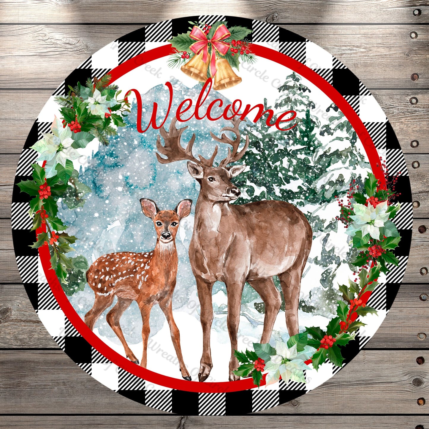 Winter, Deer, Welcome, White Poinsettias, Foliage, Holly Berries, Black And White, Plaid Border, Round Metal, Wreath Sign, No Holes