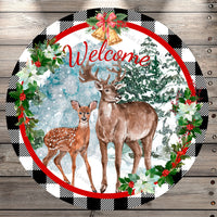 Winter, Deer, Welcome, White Poinsettias, Foliage, Holly Berries, Black And White, Plaid Border, Round Metal, Wreath Sign, No Holes