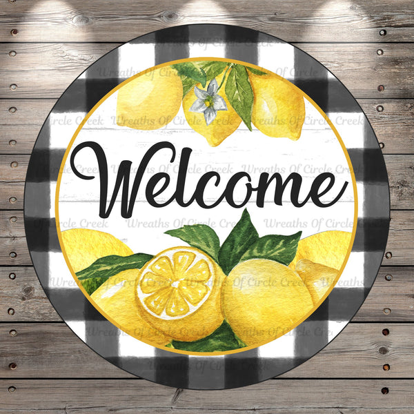 Lemon Welcome Sign, Plaid, Round, Light Weight, Metal Wreath Sign, No Holes,  UV Coated