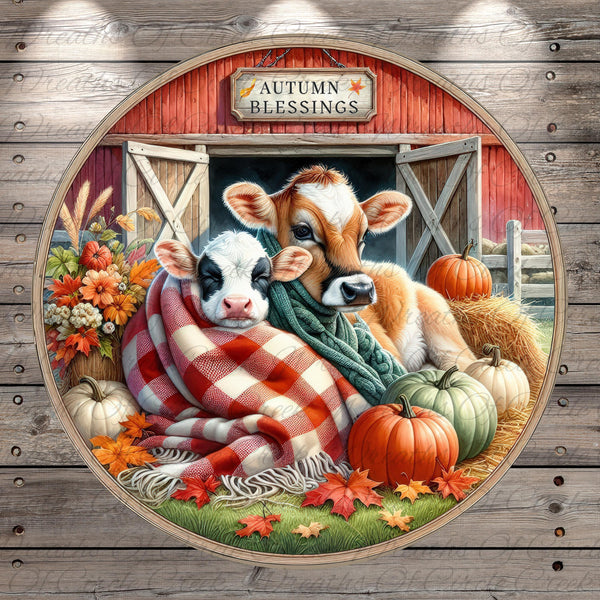 A cow and a calf are sitting together in a barn, wrapped in a blanket and surrounded by autumn decorations such as pumpkins and leaves.