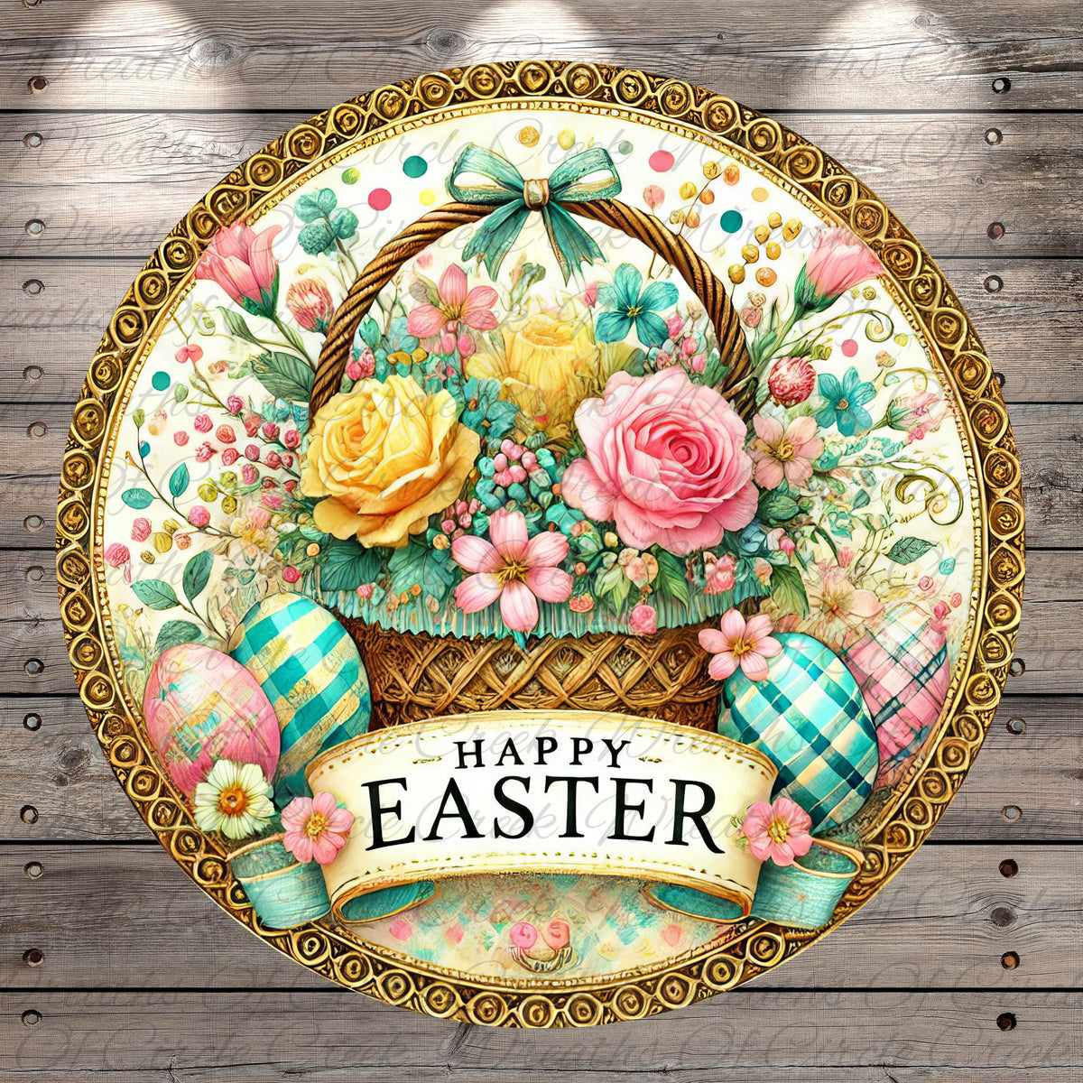 A decorative Easter basket with a floral arrangement, surrounded by eggs and a banner that reads "Happy Easter".